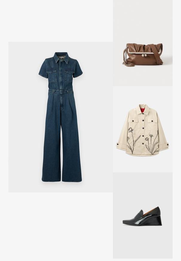 Béžová bavlnená bunda s čiernou kvetinovou výšivkou na dolnej ľavej strane. Obsahuje predné zapínanie na gombíky a dve náprsné vrecká.; Good American FIT FOR SUCCESS PLEATED WIDE LEG - Overal - indigo; Chie Mihara VECINO - Obuv s klinovým podpätkom - black; Hnedá mäkká kožená kabelka na rameno so strieborným kovovým rámom a zapínaním, nastaviteľným popruhom a pleteným retiazkovým držadlom na bielom pozadí.