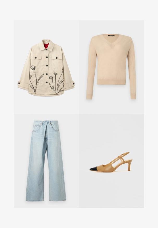 Beige bomuldsjakke med sort blomsterbroderi på nederste venstre side. Har en frontlukning med knapper og to brystlommer.; Beige langærmet V-hals sweater med ribbede ærmekanter og kant, ensfarvet strikstof, vist på hvid baggrund.; Lyseblå vidbenede jeans med bæltestropper og frontlommer, vist forfra på en ensfarvet baggrund.; Beige slingback-hæle med sort spids, der har udskårne sider og en mellemhøj blokhæl. Glat lædermateriale.