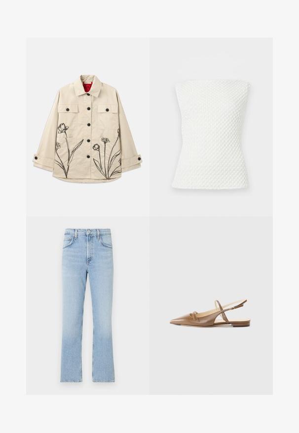 Beige Baumwolljacke mit schwarzem floralem Stickerei an der unteren linken Seite. Mit einer frontalen Knopfleiste und zwei Brusttaschen.; Weißes, strukturiertes, trägerloses Stricktop mit figurbetonter Silhouette und dezentem Wabenmuster.; Hellblaue Denim-Jeans mit geradem Bein, hohem Bund und sanften Ausbleichungen. Verfügt über klassisches Fünf-Taschen-Design und einen Reißverschluss.; Braune Leder-Slingback-Schuhe mit spitzer Zehenform, zwei schmalen Riemen und niedrigem Absatz. Glatte Textur mit polierter Oberfläche.