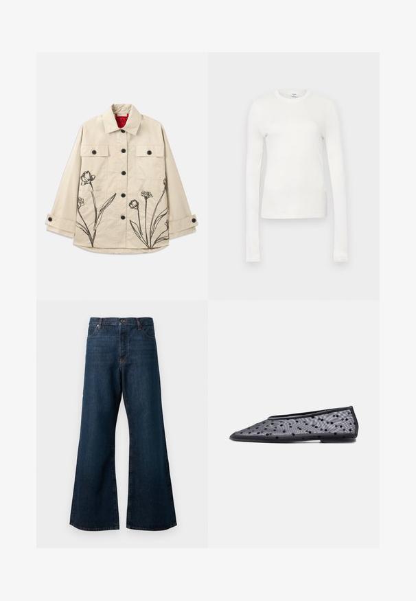 Beige bomuldsjakke med sort blomsterbroderi på nederste venstre side. Har en frontlukning med knapper og to brystlommer.; Hvid langærmet t-shirt lavet af blødt bomuld. Har rund halsudskæring, tætsiddende silhuet og glat tekstur. Ingen mønstre eller accenter.; Mørkeblå brede jeans lavet af denim, med høj talje, fem-lomme design og kontrasterende orange syninger langs sømmene.; Sort flad sko med spids tå, tyndt stof og sort polkaprikket mønster på en lys baggrund.