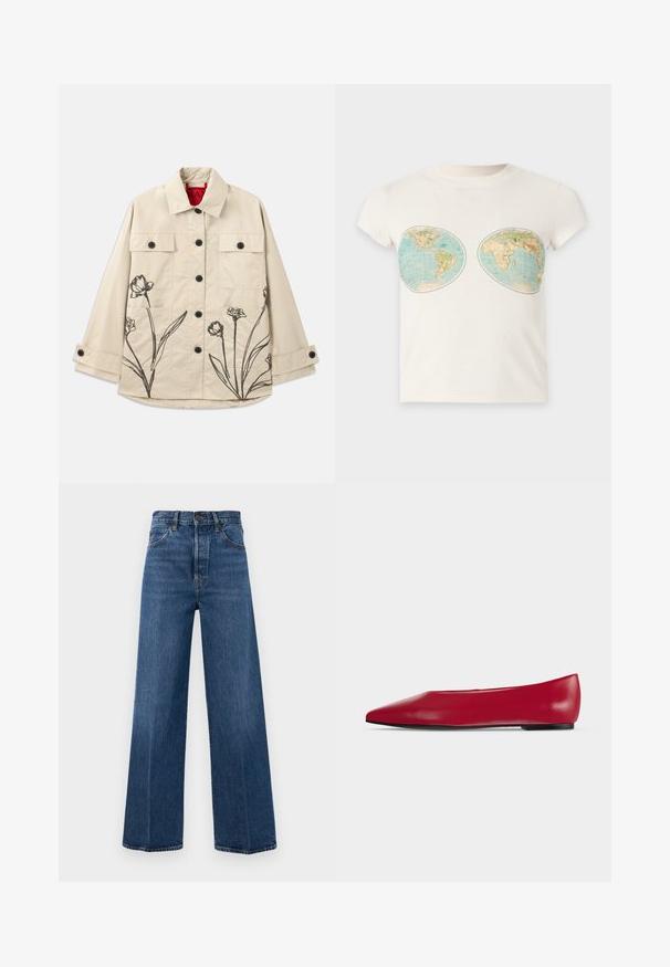 Beige Baumwolljacke mit schwarzem floralem Stickerei an der unteren linken Seite. Mit einer frontalen Knopfleiste und zwei Brusttaschen.; Weißes T-Shirt mit kurzen Ärmeln und zwei Vintage-Weltkarten-Prints im Brustbereich.; Helleblauwe High-Waist-Jeans mit weitem Bein aus Denim, mit Vordertaschen und Kontrastnähten. Der Stoff hat eine glatte Textur.; Roter Leder-Flachschuh mit spitzer Spitze, schwarzer Sohle und niedrigem Absatz, seitlich auf schlichtem hellem Hintergrund dargestellt.