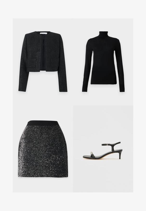 Μαύρο cropped σακάκι με υφή, μακριά μανίκια, ανοιχτό μπροστινό μέρος και δύο μπροστινές τσέπες με πάτσα.; Μαύρο πουλόβερ με ψηλό λαιμό φτιαγμένο από μαλακό, ελαφρύ υλικό. Διαθέτει μακριά μανίκια και εφαρμοσμένο σχέδιο.; Μαύρη μίνι φούστα πλήρως καλυμμένη με μικρές λαμπερές παγιέτες και μαύρη ελαστική ζώνη χωρίς σχέδιο.; Μαύρο δερμάτινο σανδάλι με τακούνι, λουράκι στον αστράγαλο, ανοιχτό δάχτυλο, τετράγωνη μύτη και ασημένια διακοσμητικά στοιχεία. Εφαρμοστό σχέδιο με κομψή γραμμή.