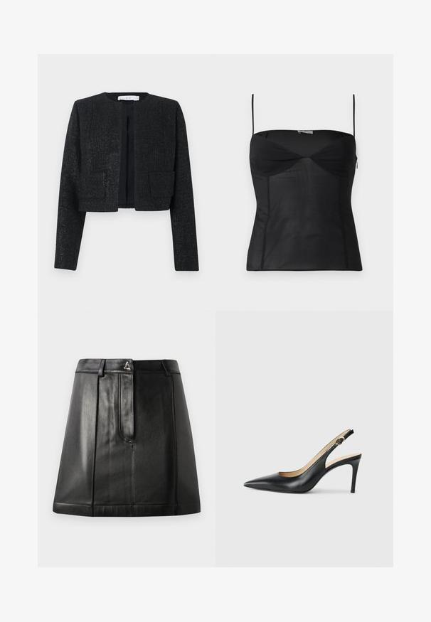 Μαύρο cropped σακάκι με υφή, μακριά μανίκια, ανοιχτό μπροστινό μέρος και δύο μπροστινές τσέπες με πάτσα.; Μαύρο στενό τοπ χωρίς μανίκια με λεπτές τιράντες στους ώμους, λαιμόκοψη καρδιά και ραφές, σε απλό λευκό φόντο.; Μαύρη δερμάτινη φούστα με δομημένο σχήμα, διαθέτει μπροστινή τσέπη και μεταλλική λεπτομέρεια στη μέση. Λείος υφασμάτινος χαρακτήρας και ραφές.; Μαύρες δερμάτινες γόβες slingback με μυτερή μύτη, ρυθμιζόμενο λουράκι και κομψό τακούνι στιλέτο, με λείες επιφάνειες.