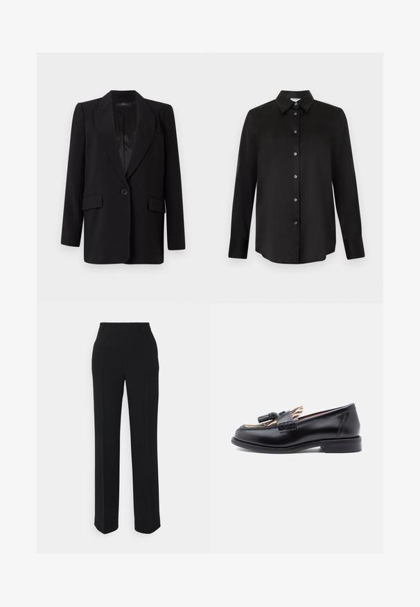 Blazer noir avec un col à pointes, fermeture à un bouton, deux poches avant et un intérieur en satin lisse. Design à coupe droite.; Chemise noire à manches longues avec col pointu et sept boutons, présentée sur un fond gris clair.; Pantalons noirs à jambes droites avec une texture lisse. Dotés d'une taille et sans motifs ou accents visibles. Design classique et ajusté.; Mocassins en cuir noir avec un bout arrondi, ornés d'un accent en frange tissé et d'une doublure en imprimé animal contrasté. Talon bas et droit.