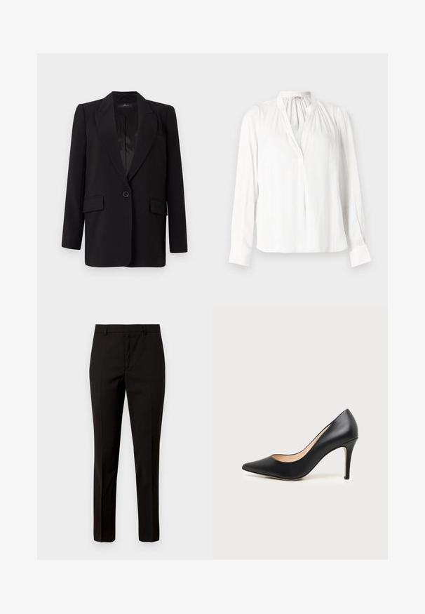Blazer noir avec un col à pointes, fermeture à un bouton, deux poches avant et un intérieur en satin lisse. Design à coupe droite.; Blouse blanche à manches longues avec col montant, plis froncés près de l'encolure et patte de boutonnage avant dissimulée.; Pantalons noirs ajustés avec une coupe droite, fabriqués en tissu lisse, dotés d'une taille plate et de passants de ceinture. Aucun motif ni accent visible.; Escarpin noir à bout pointu avec une surface lisse et un talon fin sur un fond neutre.