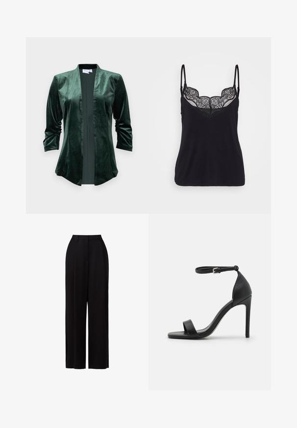 Velvet groene jas met een sjawl kraag, open voorkant en driekwart mouwen. De stof heeft een zachte, gladde textuur en een subtiele glans.; Zwarte tanktop met verstelbare spaghettibandjes, voorzien van een kantafwerking rond de halslijn en een zachte katoenstof.; Zwarte wijde broek van lichtgewicht stof, met een hoge taille, plooien aan de voorkant en een minimalistisch ontwerp zonder zichtbare zakken of hardware.; Zwarte sandalen met hoge hakken, met een slank ontwerp, voorzien van een enkelbandje, open teen en een gladde leren textuur.
