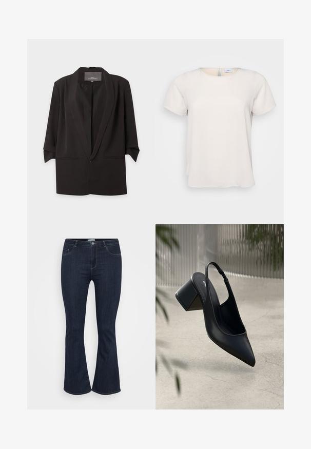 Sort åben blazer med hak-kraver, trekvartlange ærmer og to forlommer med slidser, vist mod en hvid baggrund.; Kortærmet, rundhalset top i lys beige stof med en glat tekstur; har en nøglehulsdetalje på ryggen og en afslappet pasform.; Mørkeblå høj talje denim jeans med tætsiddende lår og let flared nederst, med forlommer og knaplukning.; Sort læder slingback hæl med spids tå og blokhæl. Glat tekstur, minimalistisk design og justerbar ankelrem.