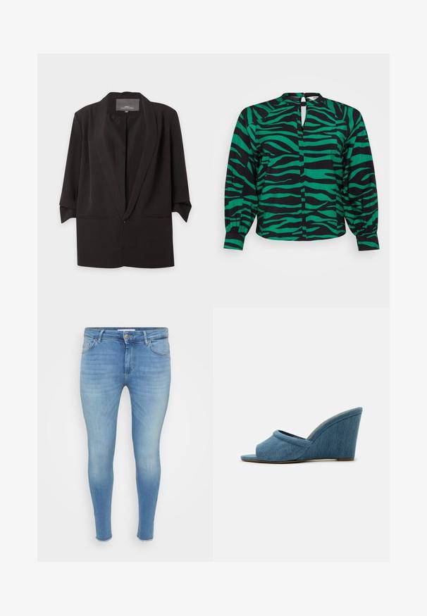 Schwarzer, offen getragener Blazer mit Spatenrevers, dreiviertel Ärmel und zwei vorderen Einschubtaschen, vor weißem Hintergrund dargestellt.; Object Curve OBJCIRA - Bluse - lush meadow/black; Helle blaue Skinny-Jeans mit einem verwaschenen Finish, Fünf-Taschen-Design, Reißverschluss und leichten Ausfransungen an den Knöcheln. Hergestellt aus Denim-Material.; Jeans Wedgesandalen mit einem Peeptoe-Design, strukturiertem Stoff und einem gebogenen Absatz. Der Schuh ist in einem einfarbigen, hellblauen Farbton gehalten.