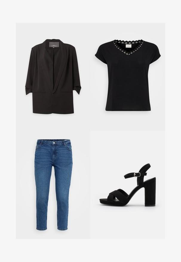Schwarzer, offen getragener Blazer mit Spatenrevers, dreiviertel Ärmel und zwei vorderen Einschubtaschen, vor weißem Hintergrund dargestellt.; Schwarzes T-Shirt mit kurzen Ärmeln, V-Ausschnitt, und einem gewellten Spitzenbesatz in Weiß und Schwarz. Weicher Stoff, lockere Passform, minimalistisches Design.; Blaue Jeans aus Denim mit mittelhohem Bund, Fünf-Taschen-Design und geradem Bein. Mit Steppnähten und Metallakzenten.; Schwarze Wildleder-Absatzsandalen verfügen über eine offene Zehenpartie, Kreuzriemen und einen Knöchelriemen mit einer silbernen Schnalle. Der Blockabsatz sorgt für Stabilität.