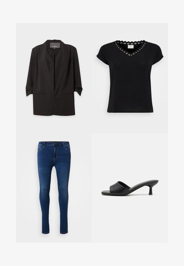 Blazer negro abierto por delante con solapas de muesca, mangas tres cuartos y dos bolsillos delanteros con aberturas, mostrado sobre fondo blanco.; Camiseta negra con mangas tipo cap sleeve, escote en V, con un borde de encaje ondulado en blanco y negro. Tela suave, ajuste relajado, diseño minimalista.; Jeans ajustados de mezclilla azules, que cuentan con cinco bolsillos, una bragueta con botones y costuras en contraste. Textura suave y corte slim.; Sandalias de deslizamiento negras con parte superior de cuero suave, punta abierta y un tacón bajo y brillante. Diseño minimalista con una forma curvada y un acabado elegante.