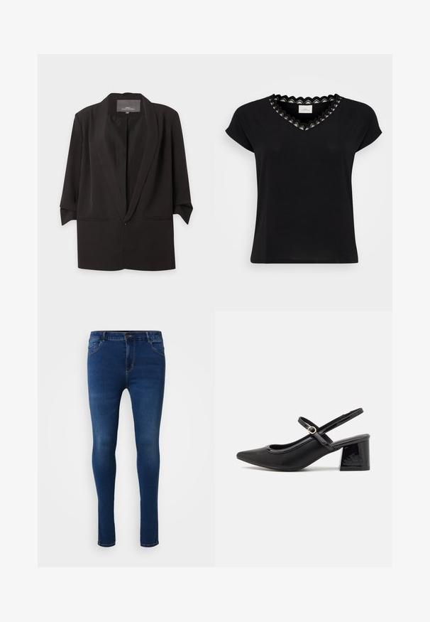 Sort åben blazer med hak-kraver, trekvartlange ærmer og to forlommer med slidser, vist mod en hvid baggrund.; Sort T-shirt med kapærmer, V-hals, med en bølget blondekant i hvid og sort. Blødt stof, afslappet pasform, minimalistisk design.; Tynd blå jeans lavet af denim, med fem lommer, knaplukning og kontrasterende syninger på sømmene. Glat tekstur og slim fit.; Sorte patentlæder slingback hæle med spids tå, rund udskæring og blokhæl. Har en guldtonet spændeaccents.