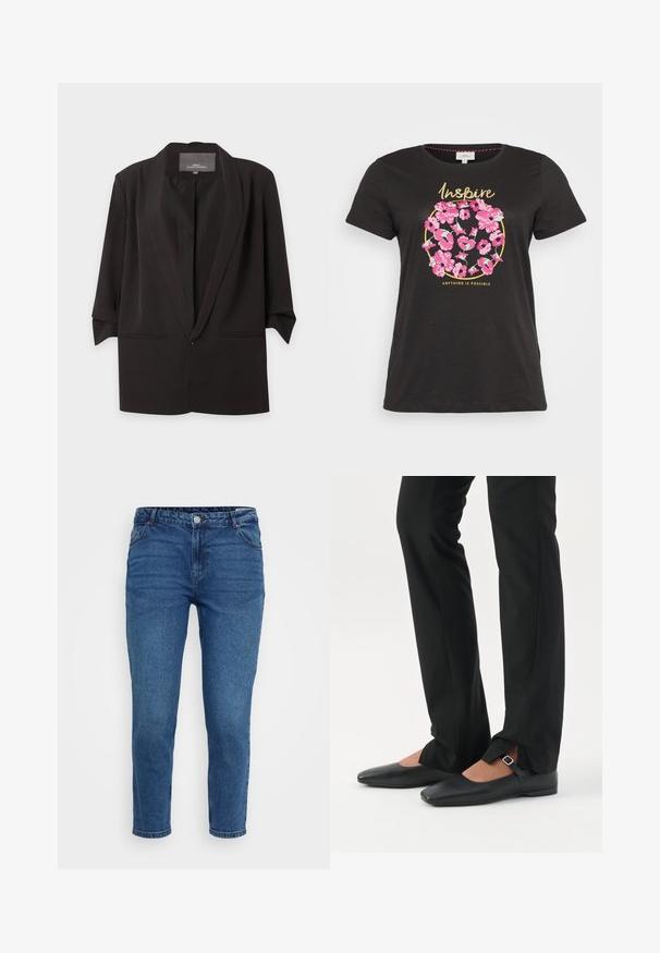 Schwarzer, offen getragener Blazer mit Spatenrevers, dreiviertel Ärmel und zwei vorderen Einschubtaschen, vor weißem Hintergrund dargestellt.; Schwarzes Baumwoll-T-Shirt mit rundem floralen Druck in Pink und Grün, versehen mit dem Text "Inspire" und "Anything is Possible" in Gold.; Blaue Jeans aus Denim mit mittelhohem Bund, Fünf-Taschen-Design und geradem Bein. Mit Steppnähten und Metallakzenten.; Beine in schwarzen schmalen Hosen mit vorderen Schlitzen am Saum, kombiniert mit schwarzen flachen Mary-Jane-Schuhen mit kleinem Schnallenriemen.