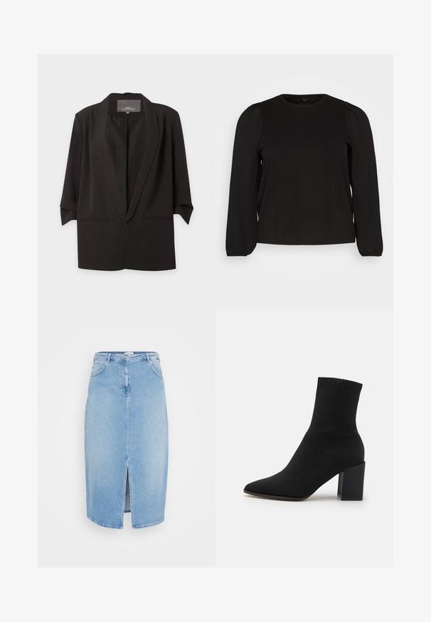 Schwarzer, offen getragener Blazer mit Spatenrevers, dreiviertel Ärmel und zwei vorderen Einschubtaschen, vor weißem Hintergrund dargestellt.; Vero Moda Curve VMCRITH - Langarmshirt - black; Hellblauer Jeansrock mit geradem Schnitt, mittellangem Design, Schlitz vorne, fünf Taschen und metallischem Knopfdetail an der Taille.; Schwarze Knöchelliefe aus Stretchstoff, mit spitzem Zehenbereich und blockförmigem Absatz, mit gerilltem Besatz am oberen Rand.