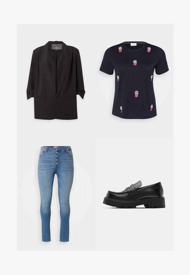 Sort åben blazer med hak-kraver, trekvartlange ærmer og to forlommer med slidser, vist mod en hvid baggrund.; Marineblå bomulds-T-shirt med korte ærmer; har røde og hvide broderede popcornposer spredt over forsiden. Blød tekstur. Rund hals.; ONLY Carmakoma CARHUSH MID BUTTON BOX - Jeans Skinny Fit - light blue; Sorte læder loafers med en chunky tekstureret sål, der har en rem over vamps og en glat, poleret finish.