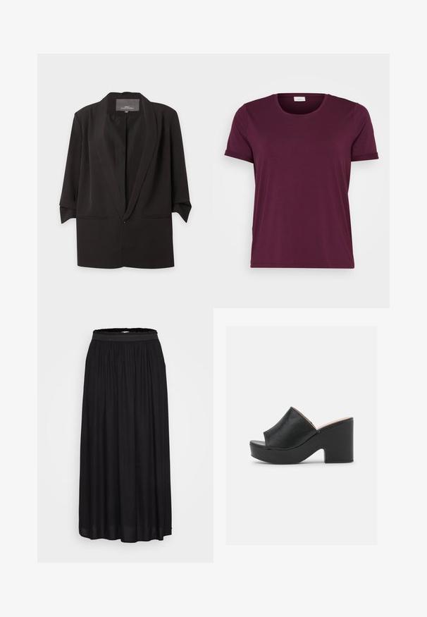 Sort åben blazer med hak-kraver, trekvartlange ærmer og to forlommer med slidser, vist mod en hvid baggrund.; Maronfarvet kortærmet t-shirt lavet af blødt stof, med rund halsudskæring og opsmøgede ærmer, samt en glat overflade og afslappet pasform.; Sort, lang, svajende nederdel lavet af letvægtsstof med en sammenfaldende elastisk talje. Har en glat tekstur og ingen mønstre.; Sorte læder open-toe mules har et bredt forreste strop og en chunky, høj platformhæl med en glat tekstur. Vist fra siden.