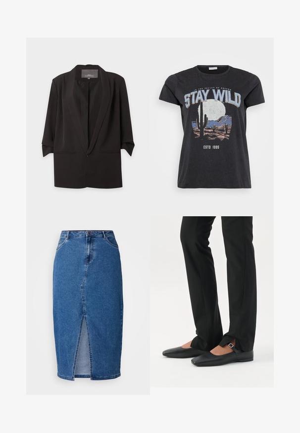 Zwarte open blazer met inkeping revers, driekwart mouwen en twee frontzakken met split, weergegeven tegen een witte achtergrond.; Zwarte katoenen t-shirt met een grafische print van een woestijnlandschap met cactussen, een maan en de tekst "STAY WILD" in blauwe letters.; Denimrok in medium blauw met een voorste split, hoge taille, vijf zakken en ceintuurlussen. De stof heeft een gestructureerde afwerking.; Benen met zwarte smalle broek met voorsplitten aan de zoom, gecombineerd met zwarte platte Mary Jane-schoenen met een klein gespje.