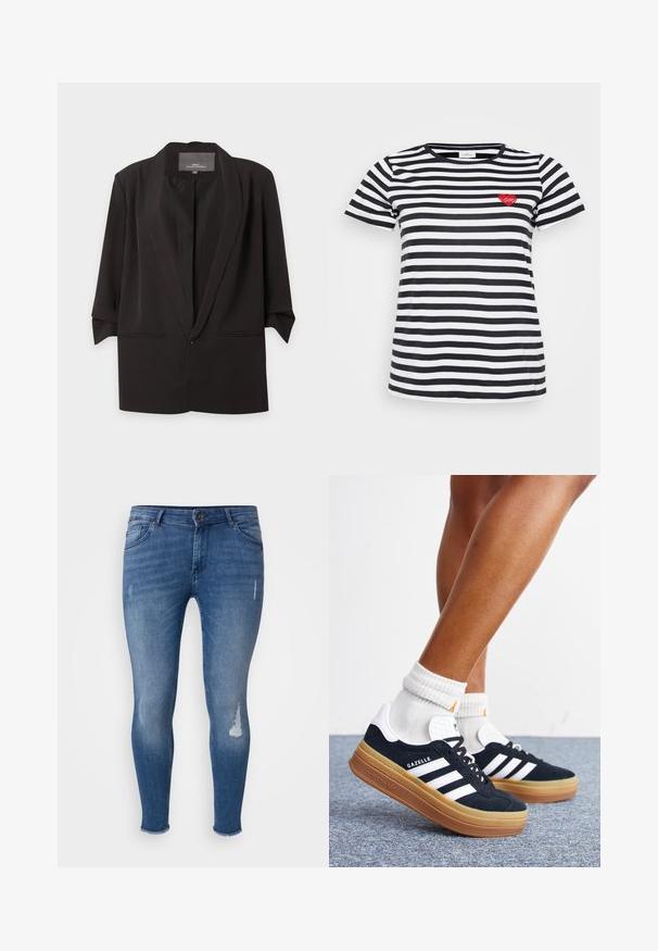 Sort åben blazer med hak-kraver, trekvartlange ærmer og to forlommer med slidser, vist mod en hvid baggrund.; Sort og hvid stribet t-shirt med rund hals og korte ærmer, med en lille rød hjertebrodering på venstre bryst.; Tætsiddende jeans lavet af blåt denim, med slidte detaljer på forsiden, falmede sektioner og en frynset kant ved anklerne.; Ben iført hvide sokker og sorte Adidas Gazelle sneakers med hvide striber og tykke brune såler på et gråt tæppe.