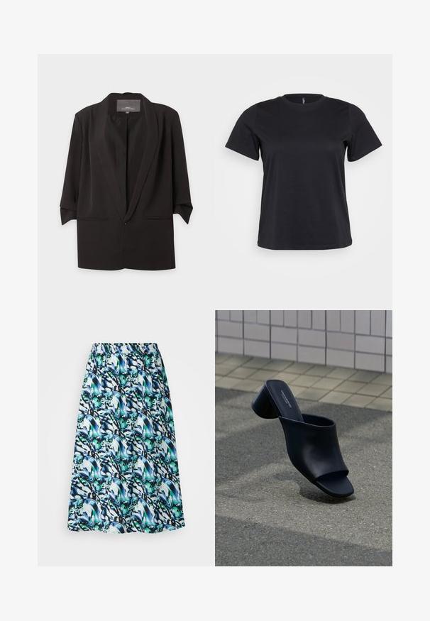 Blazer negro abierto por delante con solapas de muesca, mangas tres cuartos y dos bolsillos delanteros con aberturas, mostrado sobre fondo blanco.; Camiseta de algodón negro de manga corta, con cuello redondo, corte holgado y textura suave. Sin gráficos ni patrones visibles.; Una falda midi con estampado floral en tonos de azul y verde sobre un fondo blanco, con una cinturilla elástica para mayor comodidad.; Mule de piel negra con punta abierta y tacón ancho, posicionado sobre asfalto cerca de una superficie de baldosas.