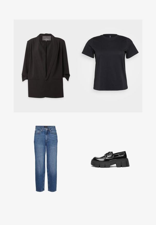 Sort åben blazer med hak-kraver, trekvartlange ærmer og to forlommer med slidser, vist mod en hvid baggrund.; Sort bomulds-t-shirt med korte ærmer, rund halsudskæring, afslappet pasform og glat tekstur. Ingen synlige grafik eller mønstre.; Blå high-waist denimjeans med lige ben, der har fem lommer og diskret falmet effekt. Materialet er robust denim med en glat tekstur.; Sort laker i patenteret læder med en kraftig sort platformsål og dekorative øjer. Glat tekstur med rund tå og snøredetalje.