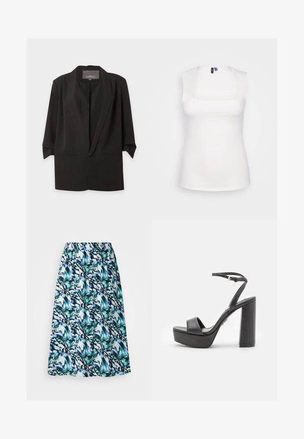 Blazer negro abierto por delante con solapas de muesca, mangas tres cuartos y dos bolsillos delanteros con aberturas, mostrado sobre fondo blanco.; Top blanco sin mangas con escote cuadrado, hecho de un material elástico suave, con costuras mínimas y sin patrones visibles.; Una falda midi con estampado floral en tonos de azul y verde sobre un fondo blanco, con una cinturilla elástica para mayor comodidad.; Sandalias de tacón alto de plataforma negras con punta abierta, tira delantera ancha y correa ajustable en el tobillo. Acabado en piel suave y tacón cuadrado grueso.