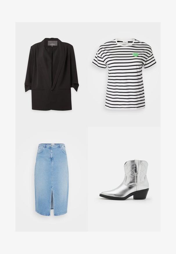 Sort åben blazer med hak-kraver, trekvartlange ærmer og to forlommer med slidser, vist mod en hvid baggrund.; Kortærmet T-shirt med rund hals i sort og hvidstribet, med et grønt fuzzy hjertepatch på venstre brystområde.; Lys blå denimnederdel med lige snit, mellemlang design, forkantsspring, fem lommer og metalknapdetalje i taljen.; Sølvfarvede læder cowboy-støvler med spidse tæer, syede detaljer på skaftet og en moderat sort hæl. Glat og skinnende overflade.