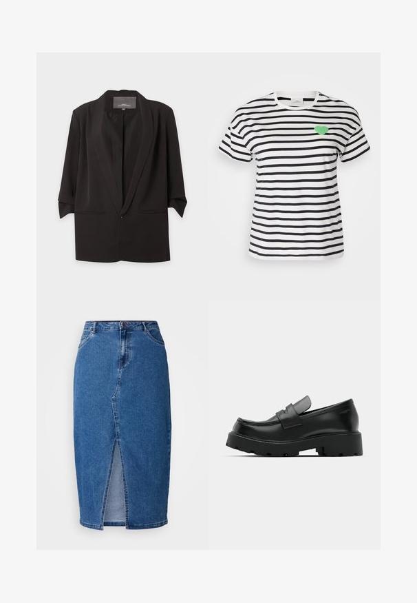 Sort åben blazer med hak-kraver, trekvartlange ærmer og to forlommer med slidser, vist mod en hvid baggrund.; Kortærmet T-shirt med rund hals i sort og hvidstribet, med et grønt fuzzy hjertepatch på venstre brystområde.; Denim nederdel i mellemblå med en frontslids, høj talje, fem lommer og bæltesløjfer. Stoffet har en tekstureret finish.; Sorte læder loafers med en chunky tekstureret sål, der har en rem over vamps og en glat, poleret finish.