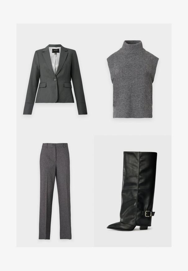 Donkergrijze, getailleerde blazer met één knoop, inkepingkraag, klepzakken en gestreepte voering, afgebeeld op een witte achtergrond.; Grijze mouwloze gebreide coltrui met ribbelstructuur, aansluitende silhouet en brede, hoge kraag. Eenvoudig, veelzijdig ontwerp zonder patronen.; JDY Wide-leg JDYBLOOM Tapered Fit - Broek - black/white salt and pepper; Zwarte leren enkellange laarzen met een spitse neus, een gladde textuur en een zilveren gesps Accent aan de zijkant. Stevige vierkante hak.