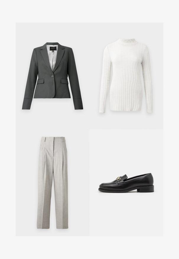 Mørkegrå enkeltknappet skræddersyet blazer med notch-krave, klaplommer og stribet inderfor, vist på en hvid baggrund.; Langærmet, højhalset bluse i cream med en ribbet struktur. Har et subtilt, blødt stof og en tætsiddende silhuet. Ingen synlige mønstre eller detaljer.; Lys grå bukser med en tekstureret overflade, der har et høj talje-design og to frontfold. Lige snit uden synlige lommer.; Sort læder loafer med en lav blokhæl, der har en guldfarvet hardwaredetalje og detaljeret syning langs tåen og overdelen.
