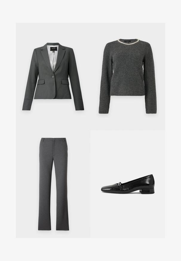 Donkergrijze, getailleerde blazer met één knoop, inkepingkraag, klepzakken en gestreepte voering, afgebeeld op een witte achtergrond.; Donkergrijze geribde trui met lange mouwen en een ronde halslijn versierd met een zilveren kettingaccent.; Grijze broek met een rechte pijpdesign. Gemaakt van een gestructureerde stof, met een platte voorkant en riemlussen. Geen zichtbare patronen of hardware.; Zwarte laarzen van gepatenteerd leer met een puntige neus, een lage vierkante hak en een kleine metalen gespdetail op de band. Gladde textuur.