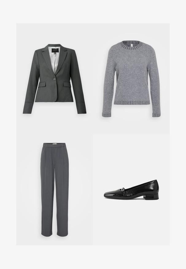 Donkergrijze, getailleerde blazer met één knoop, inkepingkraag, klepzakken en gestreepte voering, afgebeeld op een witte achtergrond.; ONLY Tall ONLFINA O NECK - Trui - medium grey melange/dark grey melange; Grijze, geplooide wijde broek met een elastische tailleband, gemaakt van een soepele stof. Kenmerkt zich door een strakke ontwerp en geen zichtbare hardware.; Zwarte laarzen van gepatenteerd leer met een puntige neus, een lage vierkante hak en een kleine metalen gespdetail op de band. Gladde textuur.