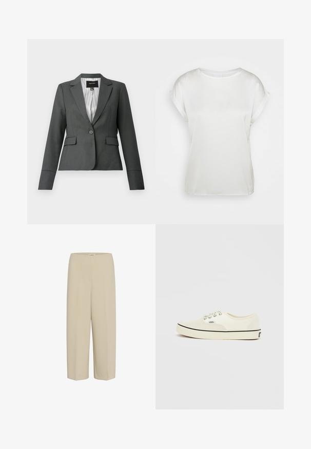Mørkegrå enkeltknappet skræddersyet blazer med notch-krave, klaplommer og stribet inderfor, vist på en hvid baggrund.; Hvid satin kortærmet top med rund halsudskæring. Glat tekstur og løs pasform. Omdrejede ærmekanter tilføjer subtil detalje. Minimalistisk design.; Beige bukser med brede ben, elastisk talje og glat stof. Designet har en ren, minimalistisk silhuet uden lommer.; Off-white lavsko Vans-sneaker med sortkantet sål, hvide- og sortmønstrede snørebånd samt Vans-logo på siden og hælen.