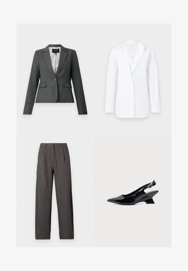 Dunkelgrauer, einreihiger, taillierter Blazer mit Reverskragen, Pattentaschen und gestreiftem Innenfutter, abgebildet vor weißem Hintergrund.; Weißes langärmliges Hemd mit Knöpfen und Kragen, flach auf einem hellen Hintergrund präsentiert, zeigt eine schlanke Passform und glattes Gewebe.; Dunkelgraue, hoch taillierte, weit geschnittene Hose mit Gürtel-Schlaufen, vorderen Falten und verdecktem Reißverschluss vorne.; Schwarzer Slingback-Schuh aus Lackleder mit spitzer Spitze und niedrigem, schrägem Blockabsatz auf einfachem hellem Hintergrund.