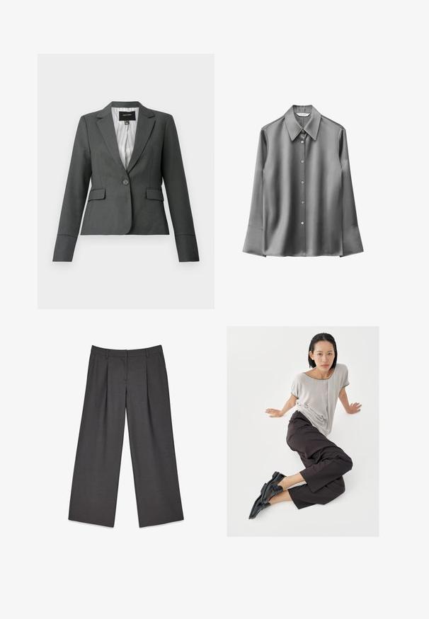 Donkergrijze, getailleerde blazer met één knoop, inkepingkraag, klepzakken en gestreepte voering, afgebeeld op een witte achtergrond.; Grijs satijnen overhemd met lange mouwen, een puntige kraag, knoopsluiting en wijde manchetten. Gladde textuur met een subtiele glans.; Grijze wijde broek gemaakt van een gladde stof, met plooien aan de voorkant, een ritsopening en riemlussen voor een verstelbare pasvorm.; Lichtgrijze top met korte mouwen, donkere wijde broekspijpen en zwarte loafers. Soepele stof, ontspannen pasvorm en contrasterende bies op het shirt.