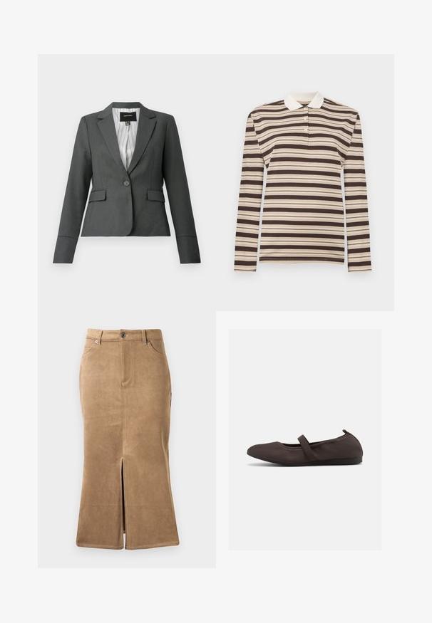 Mørkegrå enkeltknappet skræddersyet blazer med notch-krave, klaplommer og stribet inderfor, vist på en hvid baggrund.; Langærmet polo-shirt i brune og beige striber, med krave og tre-knap lukning; lavet af blødt stof.; Brun ruskind midi-skirt med slids foran, kontrasterende syninger og fem-lomme design. Glat tekstur og tætsiddende facon.; Brun balletsko med elastisk rem og rundet tå, vist mod en hvid baggrund, sideudsigt.