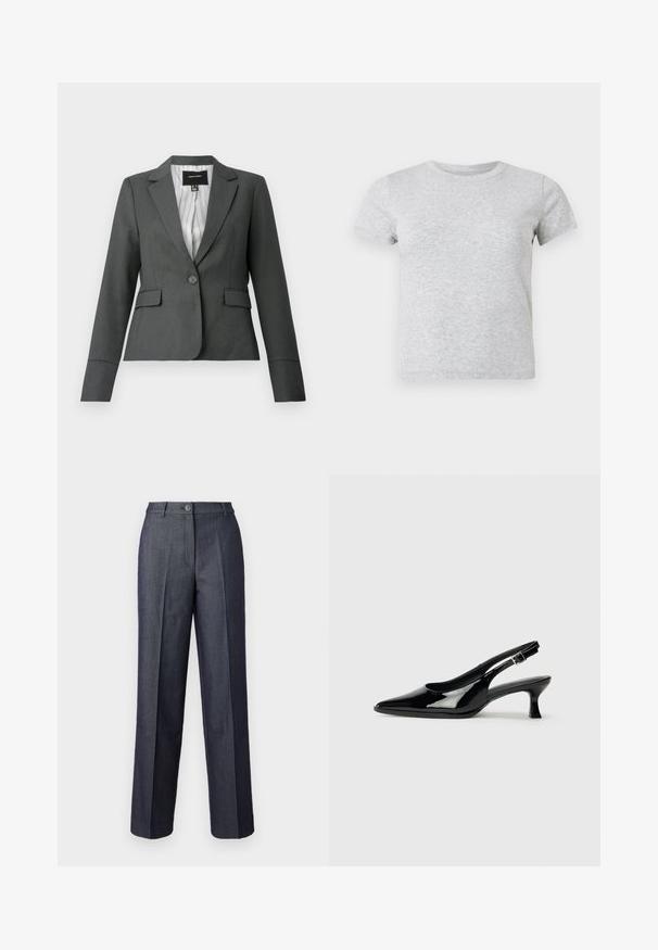Mørkegrå enkeltknappet skræddersyet blazer med notch-krave, klaplommer og stribet inderfor, vist på en hvid baggrund.; Lysegrå T-shirt med korte ærmer og rund hals, med en blød, meleret struktur, vist mod en ensfarvet hvid baggrund.; Mørkegrå brede bukser lavet af glat stof, med frontknaplukning, skræddersyede folder og elegante lommer.; Sorte patenterede slingback-sko med spidse tæer og lav blokhæl. Justerbar spænde-rem ved anklen.