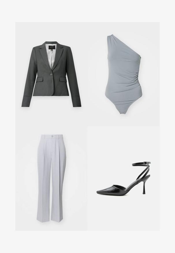 Donkergrijze, getailleerde blazer met één knoop, inkepingkraag, klepzakken en gestreepte voering, afgebeeld op een witte achtergrond.; Grijs badpak met één schouder, met geplooide textuur, gladde stof en hoog uitgesneden beenontwerp. Eenvoudige en minimalistische esthetiek.; Lichtgrijze tailored broek met een recht model, voorzien van een enkele voorplooien, knoopsluiting en een gladde, geweven textuur.; Zwarte pumps met puntige neus, dunne enkelbandjes en een zilveren gesp op een effen lichte achtergrond.