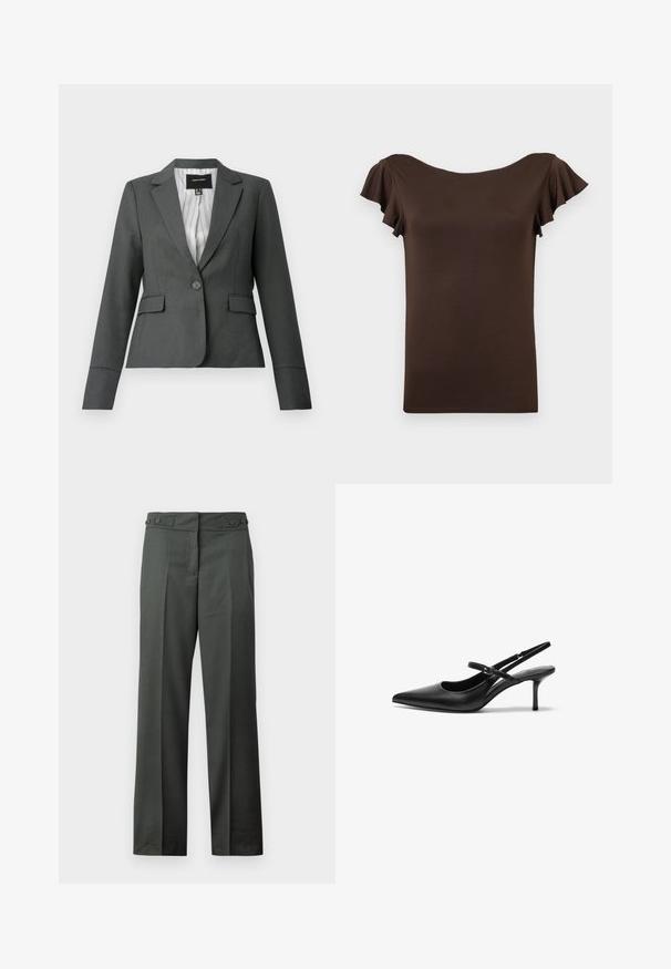 Mørkegrå enkeltknappet skræddersyet blazer med notch-krave, klaplommer og stribet inderfor, vist på en hvid baggrund.; Brun kortærmet damebluse med flagrende ærmer og bred bådudskæring, vist mod en ensartet lys baggrund.; Mørkegrå bukser med lige ben, frontfolder og justerbar sidespænde ved taljen mod en hvid baggrund.; Sorte læder slingback hæle med spids tå, slank justerbar rem og en stiletto hæl på cirka 5 cm, glat tekstur.