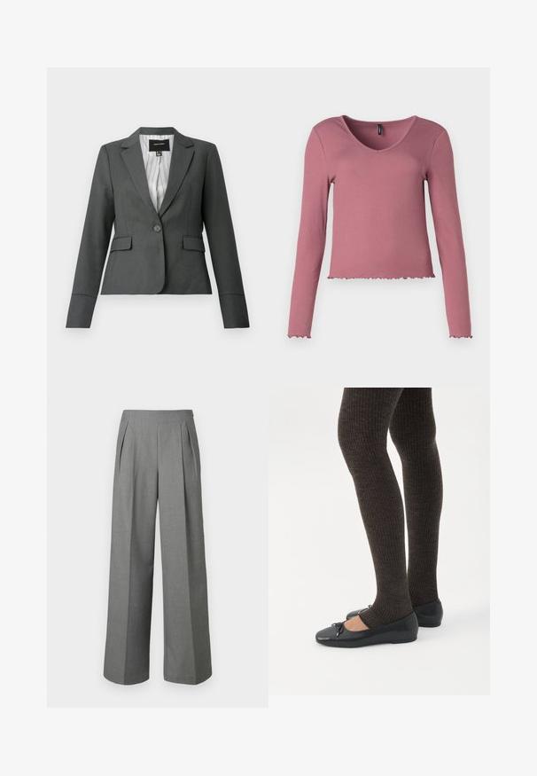 Donkergrijze, getailleerde blazer met één knoop, inkepingkraag, klepzakken en gestreepte voering, afgebeeld op een witte achtergrond.; Langsleeve, geribbelde top in stofroze met een V-halslijn en gegolfde zoom. Gladde textuur, aansluitend ontwerp en minimale detailing.; Grijs, hooggetailleerd, wijduitlopend broek met voorplooien en een zijrits, gemaakt van gestructureerde stof.; Benen met donkere geribbelde leggings gecombineerd met zwarte ballerina's met kleine strikdetails op een witte achtergrond.