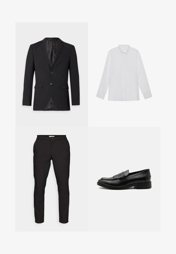 Zwarte formele herenblazer met twee knopen, een inkeping in het revers, klepzakken en een borstzakje, getoond tegen een effen achtergrond.; Witte blouse met lange mouwen van soepel stof, met een puntige kraag, voorkant met knoopsluiting en manchetten met één knoop.; Zwarte op maat gemaakte broek met een smalle pasvorm. Voorzien van een ritssluiting, knopen, zijzakken en een gladde, lichte stof.; Zwarte leren herensloffen met kwastdetail, afgeronde neus, lage hak en glad gepolijst oppervlak, zij-aanzicht op een witte achtergrond.