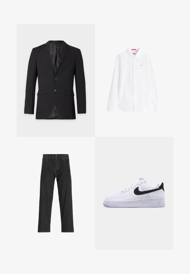 Μαύρο επίσημο blazer ανδρών με δύο κουμπιά, πέτα με αυλάκι, τσέπες με καπάκι και τσέπη στο στήθος, εμφανιζόμενο σε απλό φόντο.; Λευκό στενόμακρο πουκάμισο με μακριά μανίκια, κουμπιά, γιακά και μικρό λογότυπο Tommy Jeans στο αριστερό στήθος.; Μαύρο τζιν παντελόνι με ίσια γραμμή, διαθέτει φερμουάρ, θηλιές ζώνης και έξι τσέπες, φτιαγμένο από ανθεκτικό ύφασμα βαμβακερού μείγματος.; Λευκό δερμάτινο αθλητικό παπούτσι με υφή μαύρου Swoosh, επίπεδα κορδόνια και καουτσούκ σόλα με ραβδωτό σχέδιο. Η λέξη "AIR" είναι ανάγλυφη στην φτέρνα.