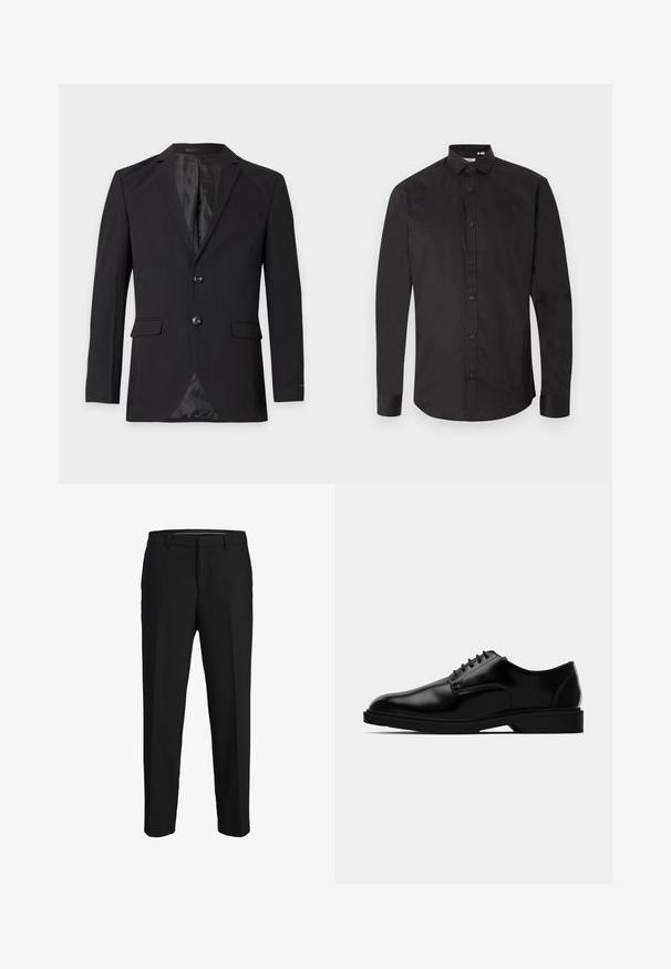 Zwarte formele herenblazer met twee knopen, een inkeping in het revers, klepzakken en een borstzakje, getoond tegen een effen achtergrond.; Zwarte longsleeve van glad katoen, met een knoopsluiting aan de voorkant, klassieke kraag en afgeronde zoom. Eenvoudig ontwerp, geen patronen.; Zwarte broeken van een gladde stof, met een rechte snit, riemlussen en een platte voorkant zonder zichtbare patronen of versieringen.; Zwarte leren dresschoenen met een gladde afwerking, ronde neus, vetersluiting en een bescheiden rubberen zool voor grip.
