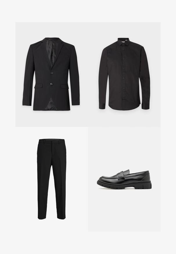 Zwarte formele herenblazer met twee knopen, een inkeping in het revers, klepzakken en een borstzakje, getoond tegen een effen achtergrond.; Zwarte longsleeve van glad katoen, met een knoopsluiting aan de voorkant, klassieke kraag en afgeronde zoom. Eenvoudig ontwerp, geen patronen.; Zwarte broeken van een gladde stof, met een rechte snit, riemlussen en een platte voorkant zonder zichtbare patronen of versieringen.; Zwarte leren instapper met een brede band over de voet, rubberen zool met dikke noppen en een gladde textuur. Klassiek, strak ontwerp.