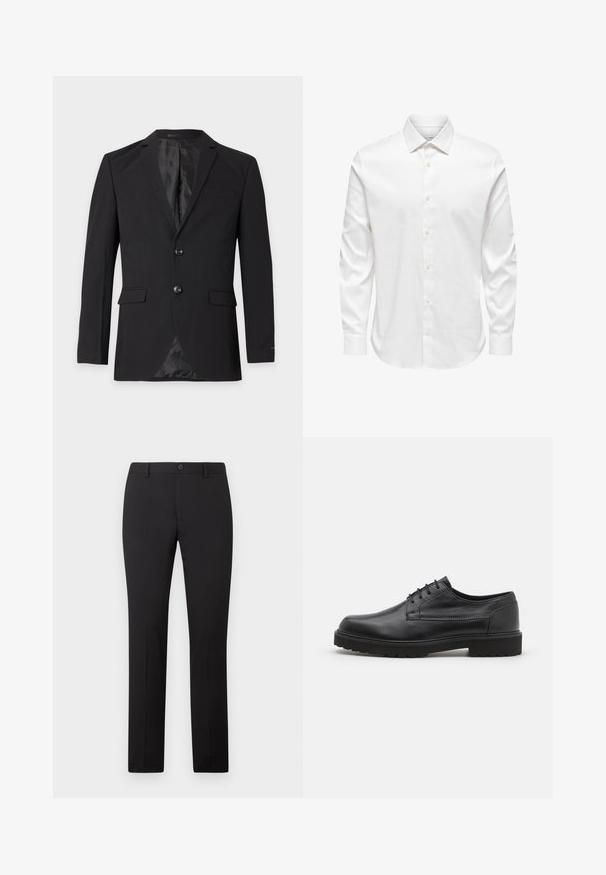 Zwarte formele herenblazer met twee knopen, een inkeping in het revers, klepzakken en een borstzakje, getoond tegen een effen achtergrond.; Wit herenshirt met lange mouwen, een puntige kraag en een rij witte knopen aan de voorkant op een effen achtergrond.; Zwarte, op maat gemaakte broek met een rechte pijp, voorzien van een knoopsluiting en riemlussen. Gemaakt van gladde stof zonder zichtbare patronen.; Zwarte leren schoen met een ronde neus, een gladde afwerking en minimale stiksels. Voorzien van een vetersluiting en een dikke, getextureerde rubberen zool.