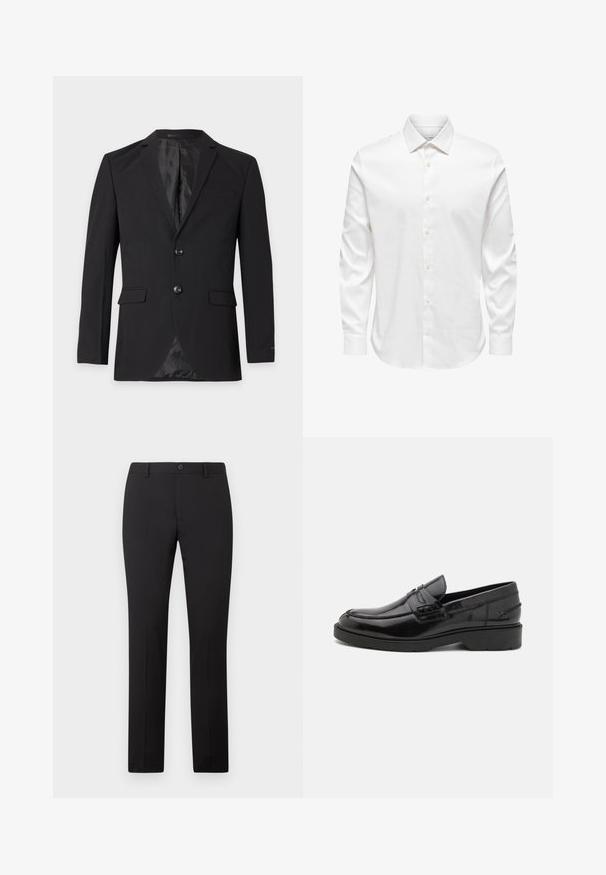 Zwarte formele herenblazer met twee knopen, een inkeping in het revers, klepzakken en een borstzakje, getoond tegen een effen achtergrond.; Wit herenshirt met lange mouwen, een puntige kraag en een rij witte knopen aan de voorkant op een effen achtergrond.; Zwarte, op maat gemaakte broek met een rechte pijp, voorzien van een knoopsluiting en riemlussen. Gemaakt van gladde stof zonder zichtbare patronen.; Zwarte leren instappers met een gladde afwerking, ronde neus, lage hak en decoratieve stiksels aan de voorkant. Rubberen buitenzool voor grip.