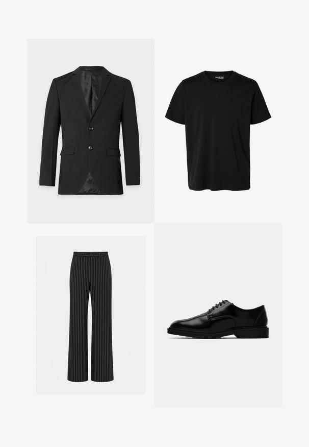 Zwarte formele herenblazer met twee knopen, een inkeping in het revers, klepzakken en een borstzakje, getoond tegen een effen achtergrond.; Effen zwarte korte mouwen t-shirt met ronde hals in mannenmodel, zonder zichtbare patronen of logo's aan de voorkant.; Zwarte wijde broek met witte verticale krijtstrepen, knoop en riemlussen in de taille.; Zwarte leren dresschoenen met een gladde afwerking, ronde neus, vetersluiting en een bescheiden rubberen zool voor grip.