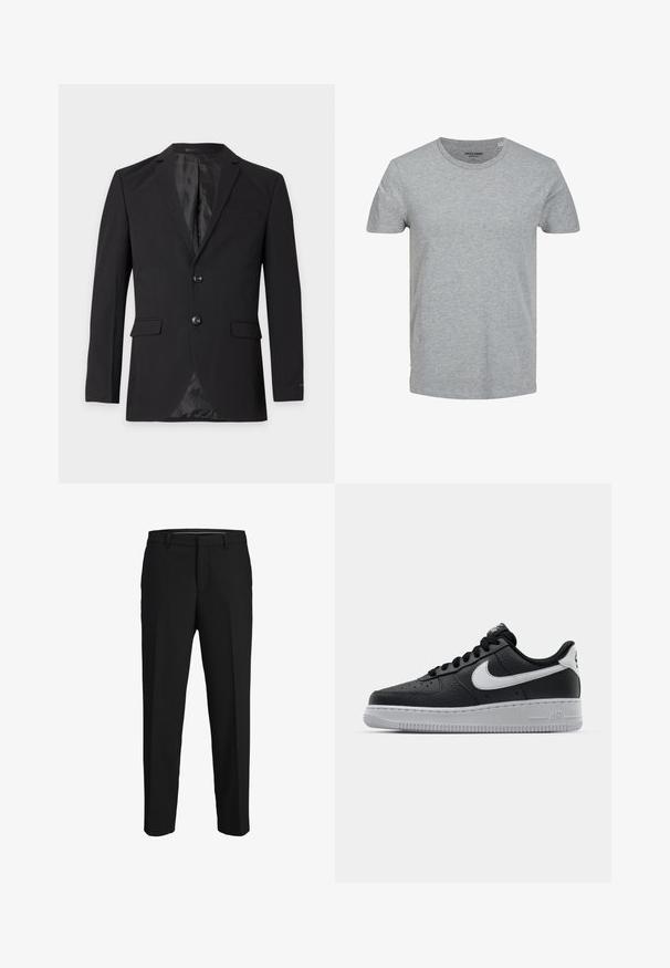 Zwarte formele herenblazer met twee knopen, een inkeping in het revers, klepzakken en een borstzakje, getoond tegen een effen achtergrond.; Grijze T-shirt met korte mouwen, gemaakt van zachte katoen. Kenmerkt zich door een klassieke ronde halslijn en een reguliere pasvorm. Eenvoudig ontwerp zonder patronen of accenten.; Zwarte broeken van een gladde stof, met een rechte snit, riemlussen en een platte voorkant zonder zichtbare patronen of versieringen.; Zwarte lederen sneaker met een textuur oppervlak, witte Nike swoosh, grijze zool, ronde neus en vetersluiting. Bevat perforaties op de neus.