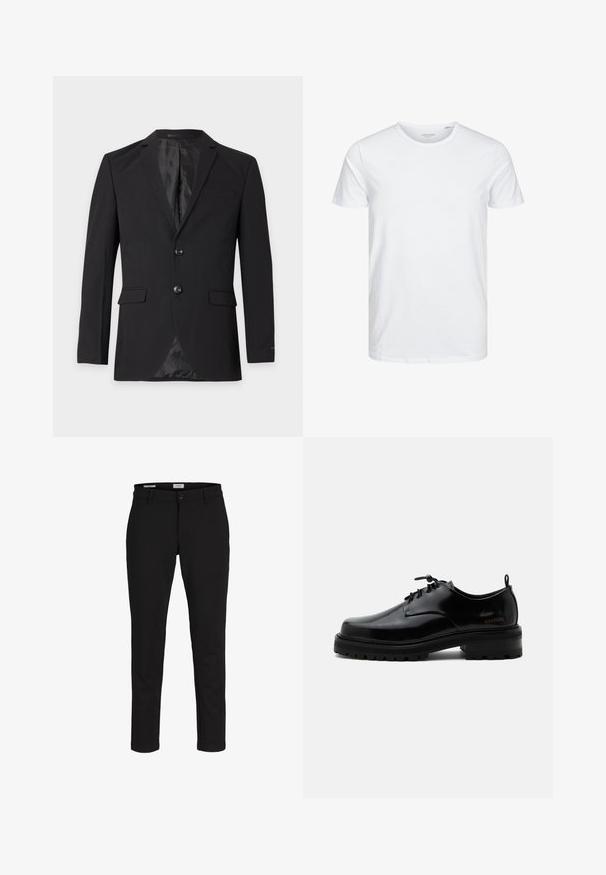 Zwarte formele herenblazer met twee knopen, een inkeping in het revers, klepzakken en een borstzakje, getoond tegen een effen achtergrond.; Ronde hals kortemouwen t-shirt in effen wit, gemaakt van zachte katoen, heeft een eenvoudig ontwerp zonder zichtbare patronen of accenten.; Zwart slim-fit broek met riemlussen, voorsluiting met knoop en rits, weergegeven tegen een witte achtergrond.; Zwarte gepolijste leren veterschoen met dikke rubberen zool en lage hak, zijmerktekst "SAMSOE" en een achterste aantreklus.