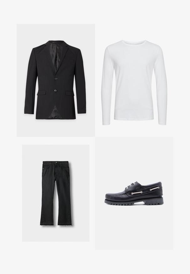 Μαύρο επίσημο blazer ανδρών με δύο κουμπιά, πέτα με αυλάκι, τσέπες με καπάκι και τσέπη στο στήθος, εμφανιζόμενο σε απλό φόντο.; Λευκό βαμβακερό μπλουζάκι με μακριά μανίκια, στρογγυλή λαιμόκοψη και λεία υφή. Απλός σχεδιασμός, χωρίς ορατά μοτίβα ή διακοσμητικά στοιχεία.; Μαύρο τζιν από τζιν με ίσια πόδια, μπροστινές τσέπες και ωμές, ξεφτισμένες άκρες, απλωμένο σε φωτεινό φόντο.; Μαύρο δερμάτινο παπούτσι τύπου boat με ραφτές λεπτομέρειες, λαστιχένια σόλα για πρόσφυση και μεταλλικές οπές με λευκούς κορδόνια. Διακριτικό λογότυπο στο πλάι.