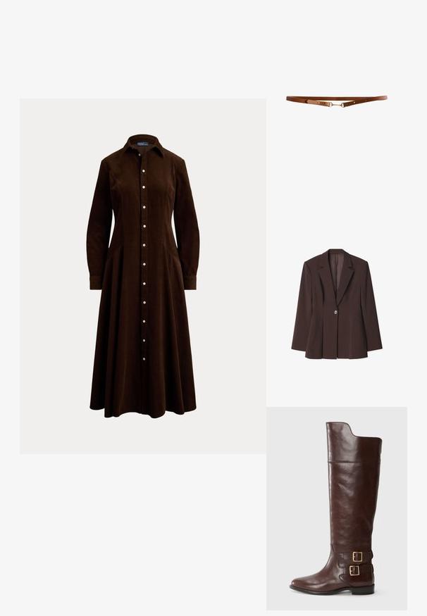 Brun struktureret blazer med en enkelt knaplukning, skarpe revers og unikke plissé detaljer ved kanten. Glat stoftekstur.; Mørkebrun midi-kjole med lange ærmer, knapper foran, krave og taljeret pasform, vist på en ensfarvet lys baggrund.; Brune læderknæhøj støvle med en rund tå, der har to guldtonede spænder ved anklen og en glat, poleret overflade.; Brunt læderbælte med guldfarvet metalspænde og justerbare huller på hvid baggrund.