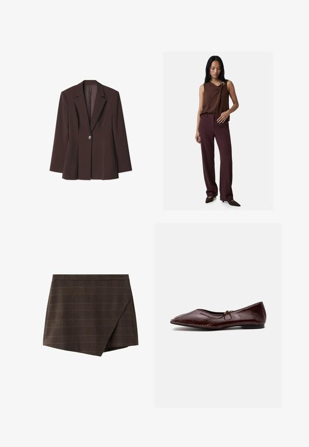 Brun struktureret blazer med en enkelt knaplukning, skarpe revers og unikke plissé detaljer ved kanten. Glat stoftekstur.; Kvinde iført brun ærmeløs top med ringdetalje og høj talje, vidde, brune bukser med striber, stående med den ene hånd på hoften.; Brun ternet slå-om-nederdel med struktureret design, indsatte taljebånd og en let skråtstillet kant, lavet af tekstureret stof.; Skinnende mørkebrun flad sko med spids tå og lille sløjfedetalje på toppen, vist på en ensartet lys baggrund.